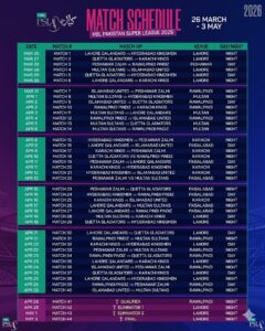 Complete HBL PSL 2026 match schedule showing all teams, venues, and fixture dates